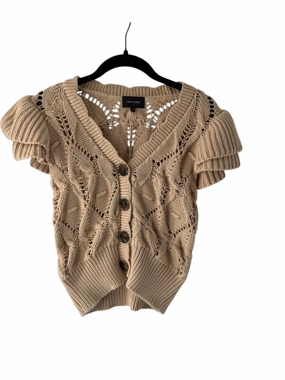 DRIFTWOOD Women's M Beige Knit Cardigan Tiered Ruffled Sleeves Boho Romantic
